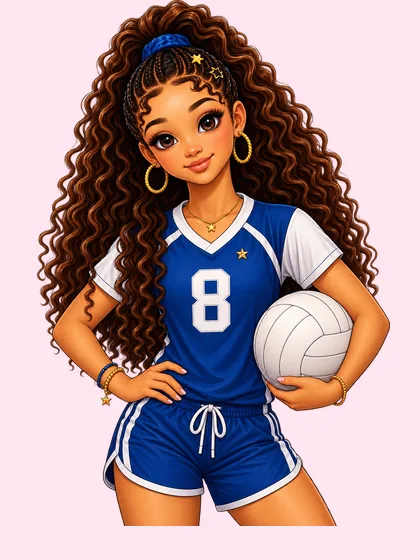 Amaris in a blue and white number 8 jersey, holding a volleyball.