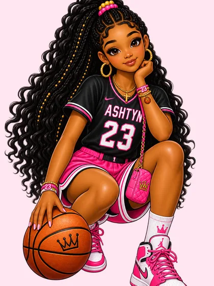 Ashtyn in a black and pink number 23 jersey, holding a basketball.