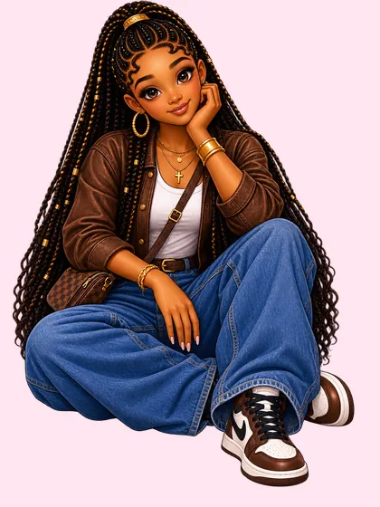 Big Sis Chloe in a brown jacket and gold hoops, chin resting on her hand.