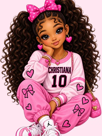 Christiana in a pink number 10 sweatshirt and a pink bow, holding a pencil.