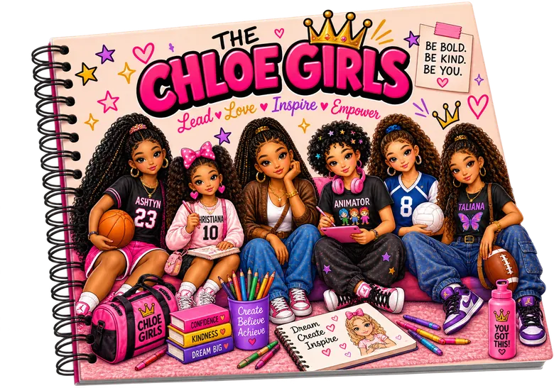 The cover of The Chloe Girls coloring book — Ashtyn, Christiana, Big Sis Chloe, Tiana, Amaris and Taliana sitting together with a basketball, a volleyball, a football, a tablet, colored pencils and a Chloe Girls duffle bag, under the words Lead, Love, Inspire, Empower.