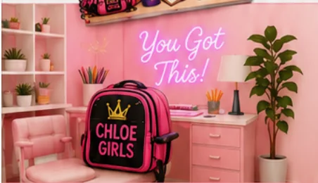 A pink bedroom with a You Got This neon sign and a Chloe Girls backpack on the chair.