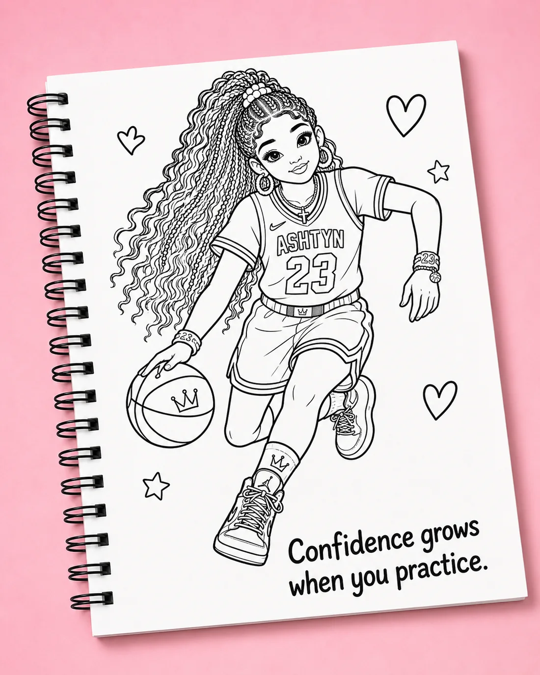 A coloring page of a girl playing basketball, captioned: confidence grows when you practice.