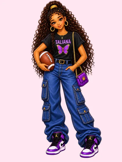 Taliana in a black tee with a purple butterfly, gold hoops and long curls.