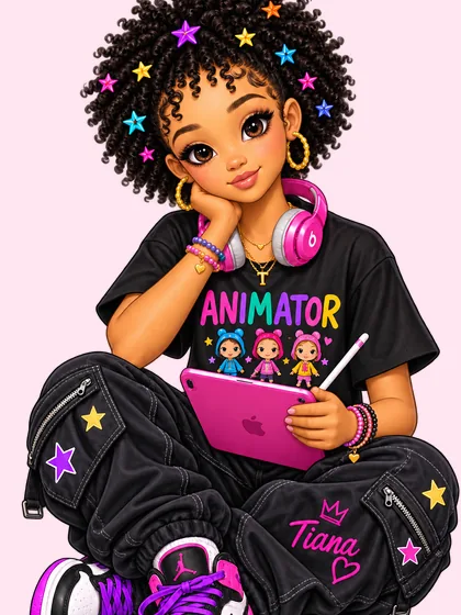 Tiana in pink headphones and an Animator tee, drawing on a tablet.